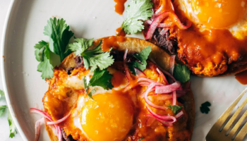 Red Chile Tostadas with Eggs Square